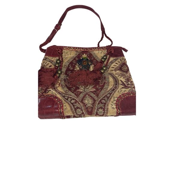 Vintage Sharif Purse Shoulder Bag Boho Retro Tapestry Leather Bead Tassel Bling - Picture 1 of 15